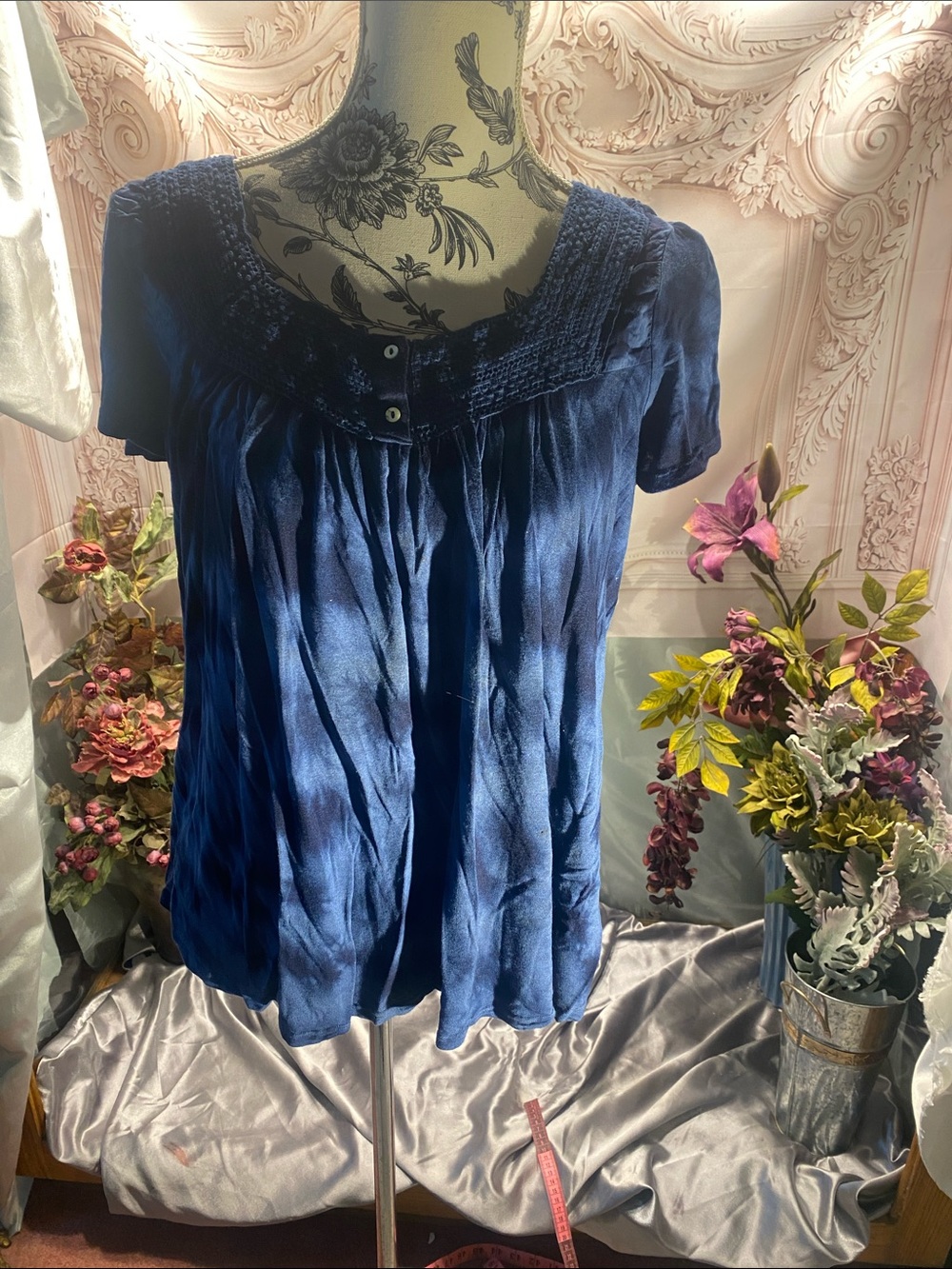 One world Navy Blue Smocked Square Yoke Short-Sleeve Top